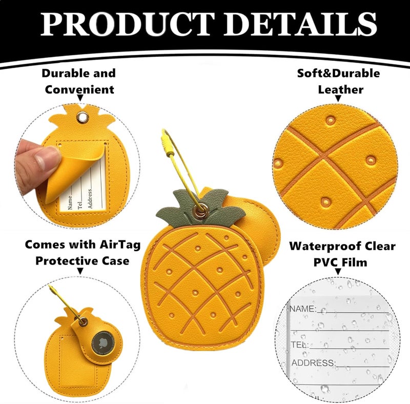 ZOUITY CuteLeather Luggage Tag Holder with Airtag Case Set,Hidden Compartment for AirTag Travel Suitcase Tracking Case with Stainless Steel Loop,Name ID Label(Pineapple) - Image 2